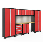 Newage Products Bold 3.0 Series 8-Piece Garage Cabinet Set-56246-Red-Bamboo Worktop-LED Lights + Slatwall Backsplash-Garage Giant 