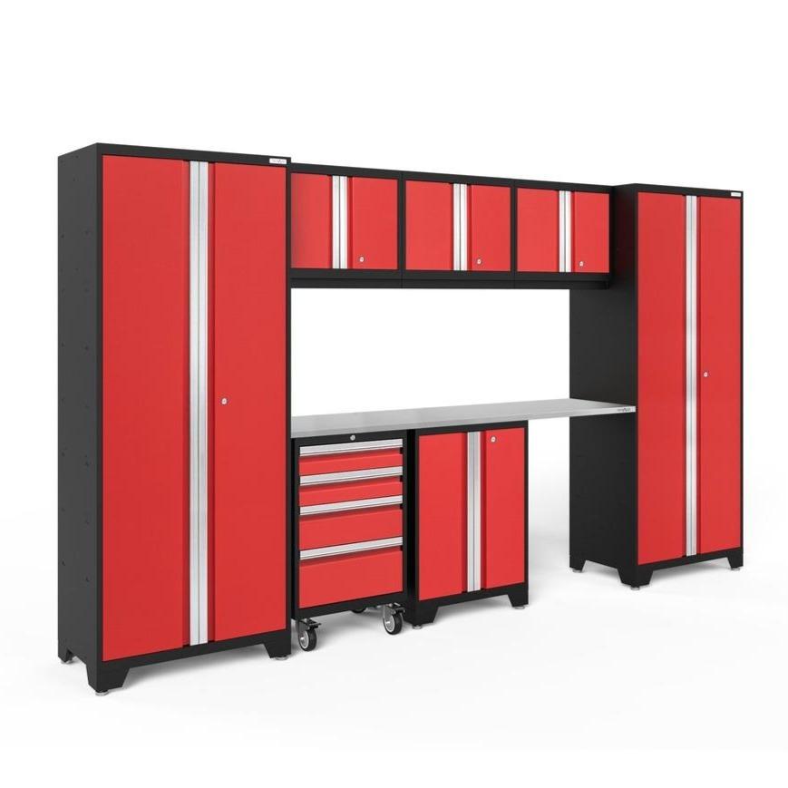 Newage Products Bold 3.0 Series 8-Piece Garage Cabinet Set-50604-Red-Stainless Steel Worktop-None-Garage Giant