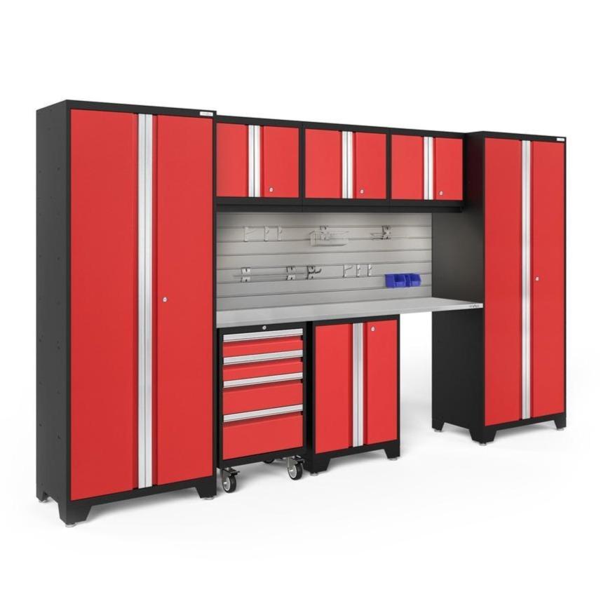 Newage Products Bold 3.0 Series 8-Piece Garage Cabinet Set-50890-Red-Stainless Steel Worktop-LED Lights + Slatwall Backsplash + Hook Kit-Garage Giant