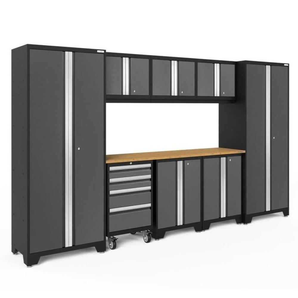 Newage Products Bold 3.0 Series 9-Piece Garage Cabinet Set-50408-Grey-Bamboo Worktop-None-Garage Giant