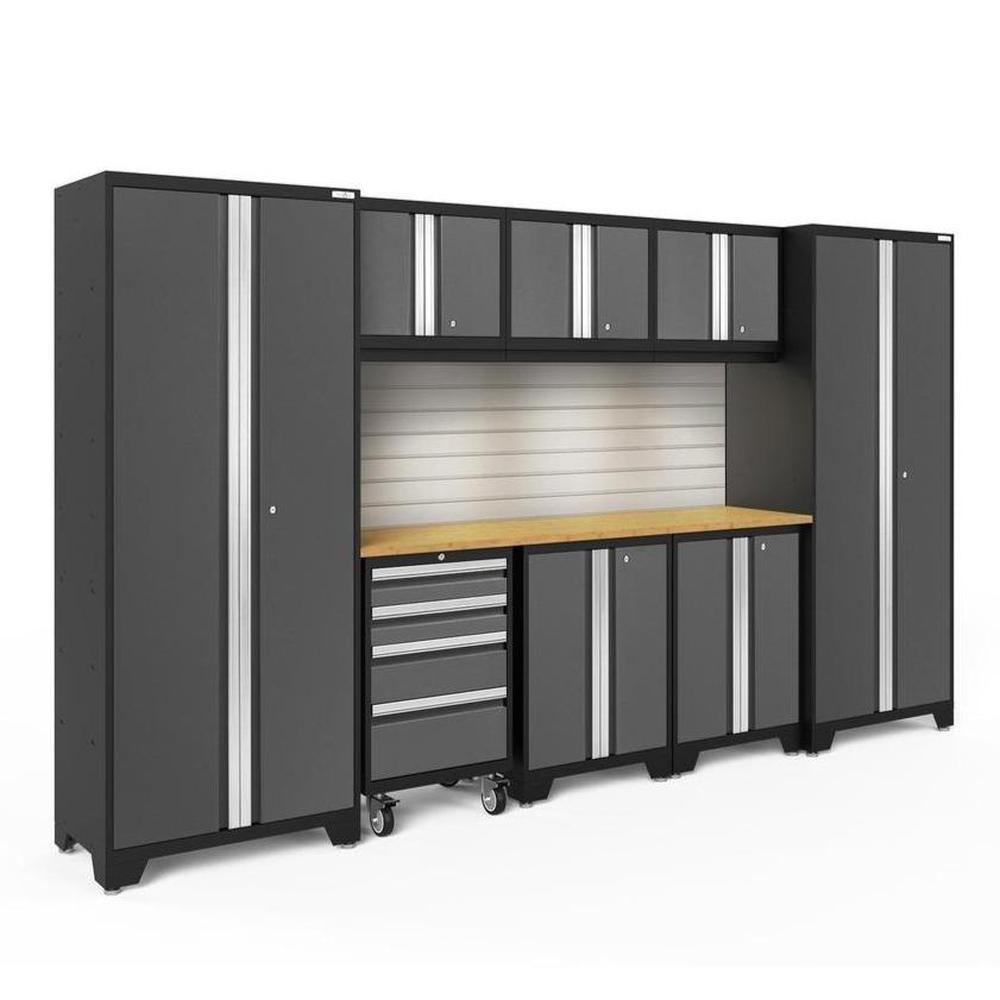 Newage Products Bold 3.0 Series 9-Piece Garage Cabinet Set-50524-Grey-Bamboo Worktop-LED Lights + Slatwall Backsplash-Garage Giant