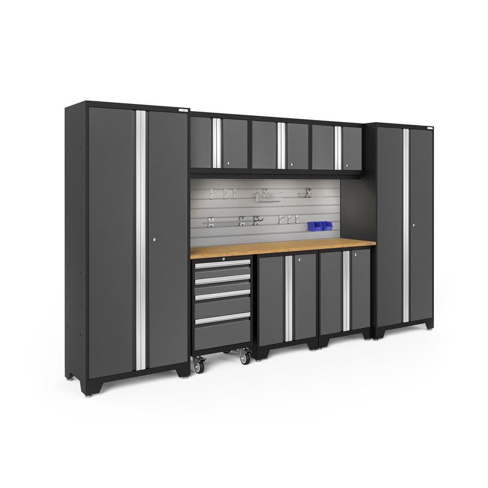 Newage Products Bold 3.0 Series 9-Piece Garage Cabinet Set-50370-Grey-Bamboo Worktop-LED Lights + Slatwall Backsplash + Hook Kit-Garage Giant