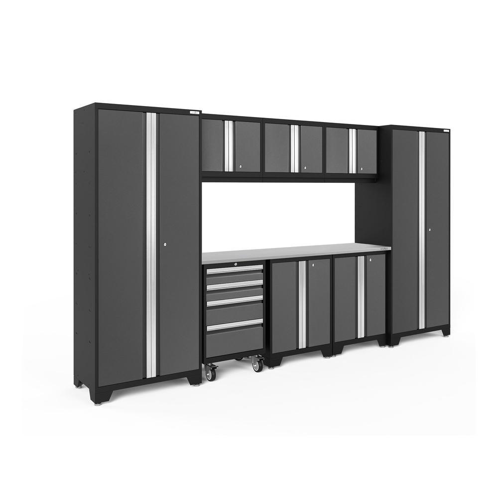 Newage Products Bold 3.0 Series 9-Piece Garage Cabinet Set-50409-Grey-Stainless Steel Worktop-None-Garage Giant