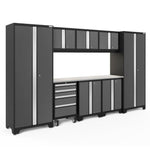 Newage Products Bold 3.0 Series 9-Piece Garage Cabinet Set-50431-Grey-Stainless Steel Worktop-LED Lights-Garage Giant 