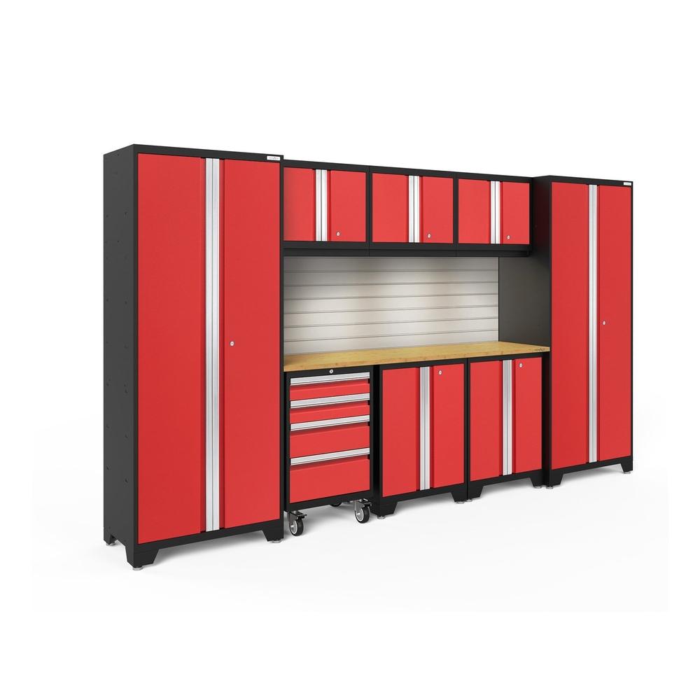Newage Products Bold 3.0 Series 9-Piece Garage Cabinet Set-56291-Red-Bamboo Worktop-LED Lights + Slatwall Backsplash-Garage Giant