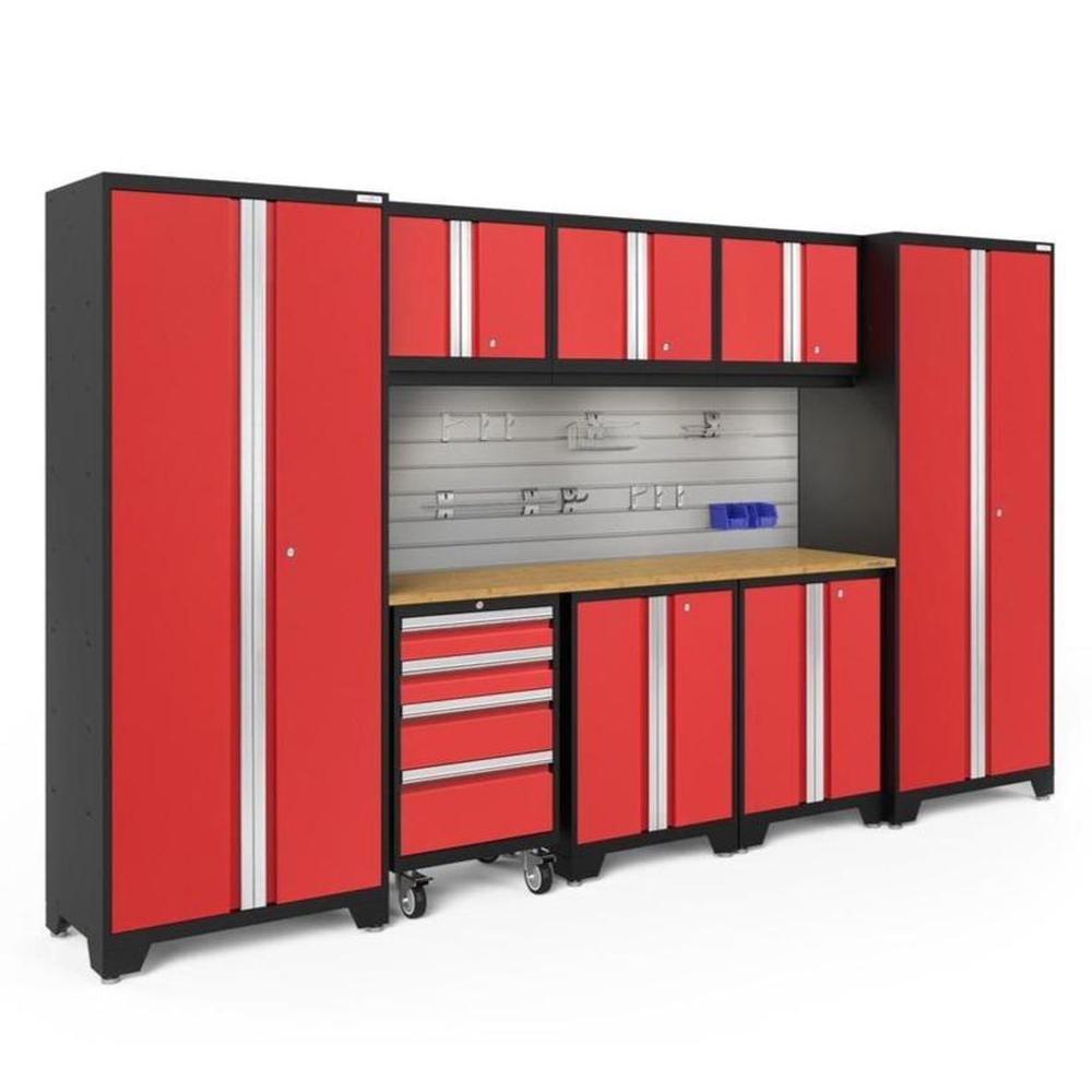 Newage Products Bold 3.0 Series 9-Piece Garage Cabinet Set-50937-Red-Bamboo Worktop-LED Lights + Slatwall Backsplash + Hook Kit-Garage Giant