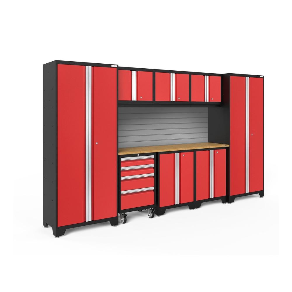 Newage Products Bold 3.0 Series 9-Piece Garage Cabinet Set-56289-Red-Bamboo Worktop-Slatwall Backsplash-Garage Giant