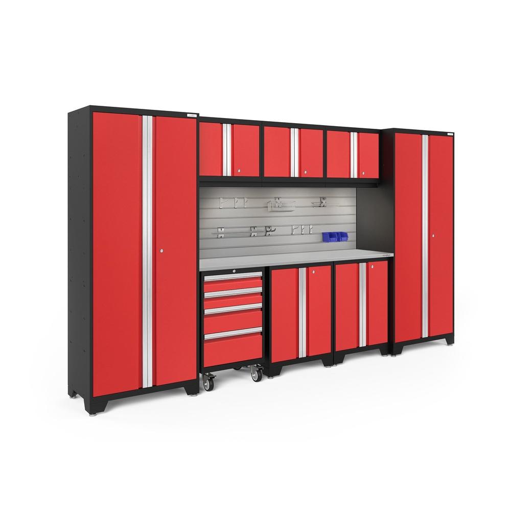 Newage Products Bold 3.0 Series 9-Piece Garage Cabinet Set-51529-Red-Stainless Steel Worktop-LED Lights + Slatwall Backsplash + Hook Kit-Garage Giant
