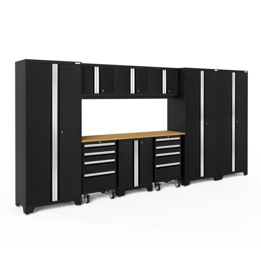Newage Products Bold 3.0 Series 10-Piece Garage Cabinet Set-63249-Black-Bamboo Worktop-None-Garage Giant