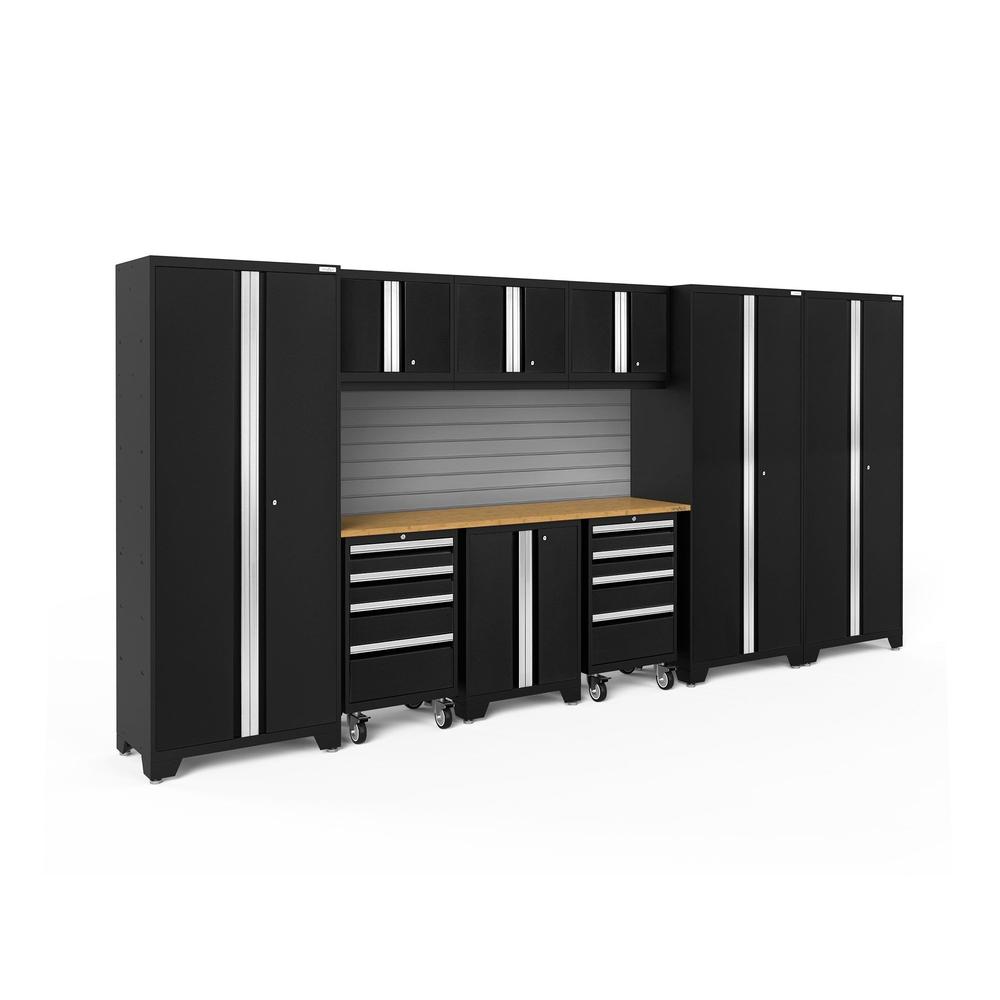 Newage Products Bold 3.0 Series 10-Piece Garage Cabinet Set-63253-Black-Bamboo Worktop-Slatwall Backsplash-Garage Giant