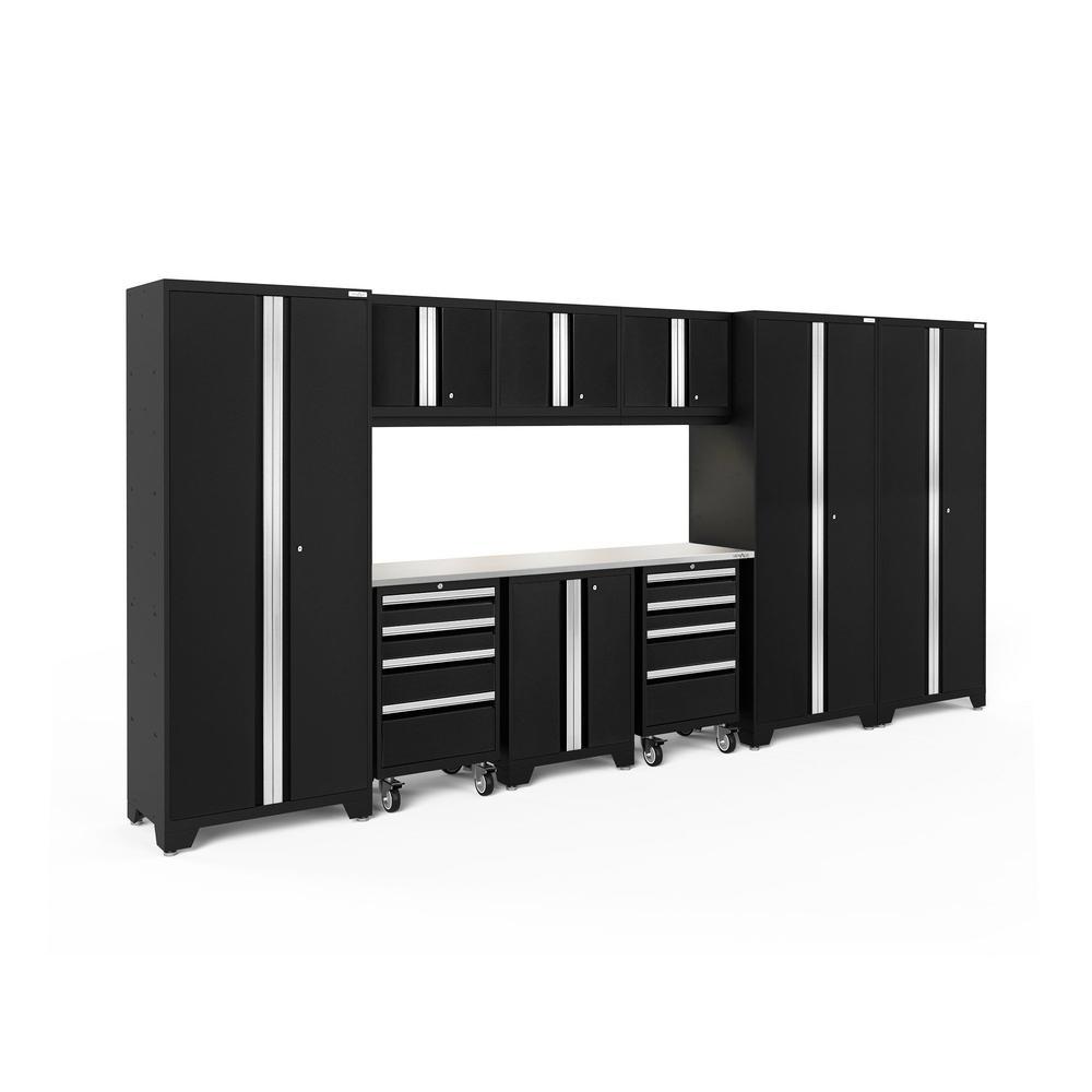 Newage Products Bold 3.0 Series 10-Piece Garage Cabinet Set-63252-Black-Stainless Steel Worktop-LED Lights-Garage Giant