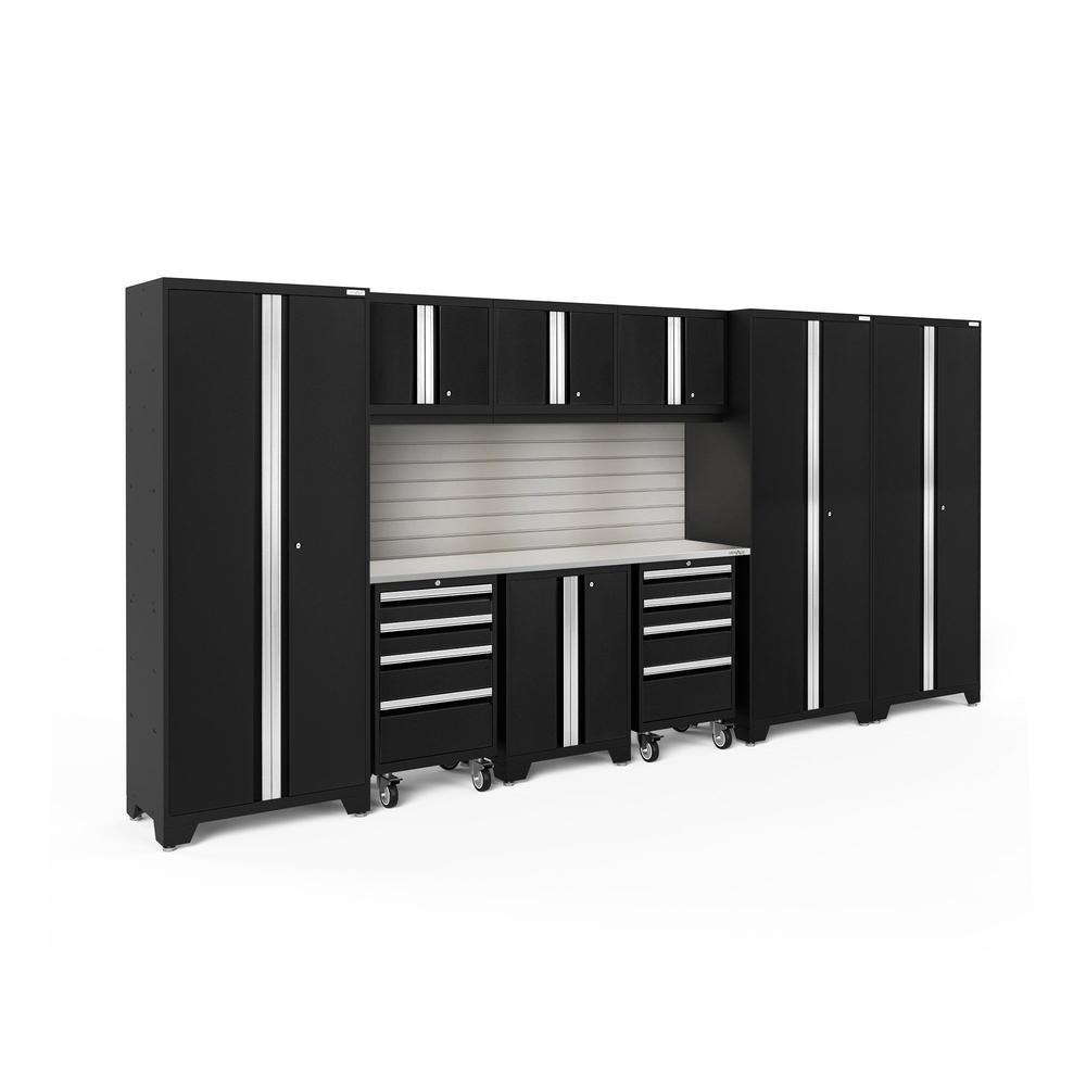 Newage Products Bold 3.0 Series 10-Piece Garage Cabinet Set-63256-Black-Stainless Steel Worktop-LED Lights + Slatwall Backsplash-Garage Giant