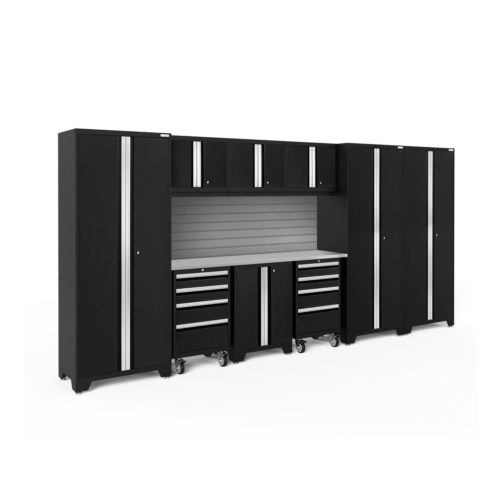 Newage Products Bold 3.0 Series 10-Piece Garage Cabinet Set-63254-Black-Stainless Steel Worktop-Slatwall Backsplash-Garage Giant
