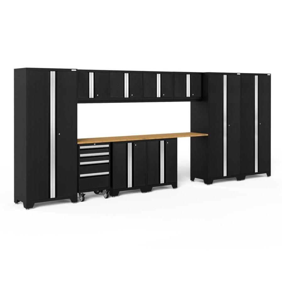 Newage Products Bold 3.0 Series 12-Piece Garage Cabinet Set With 3X Multi-Use Lockers-63258-Black-Bamboo Worktop-None-Garage Giant