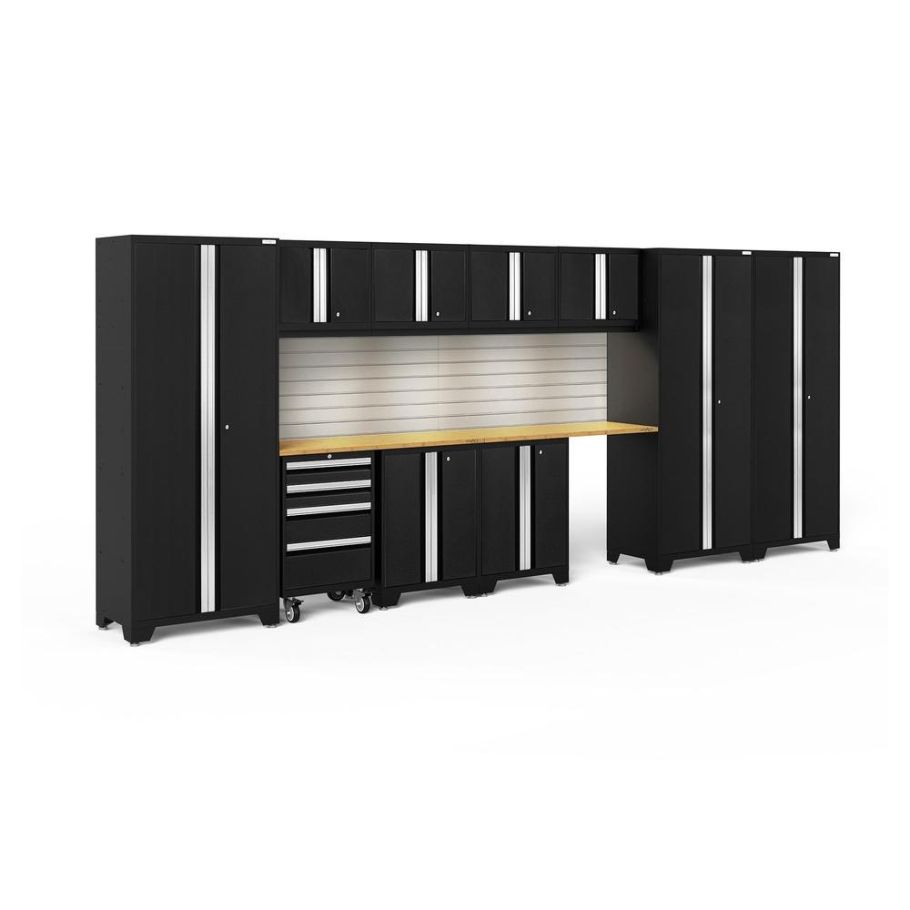 Newage Products Bold 3.0 Series 12-Piece Garage Cabinet Set With 3X Multi-Use Lockers-63264-Black-Bamboo Worktop-LED Lights + Slatwall Backsplash-Garage Giant