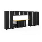 Newage Products Bold 3.0 Series 12-Piece Garage Cabinet Set With 3X Multi-Use Lockers-63260-Black-Bamboo Worktop-LED Lights-Garage Giant 