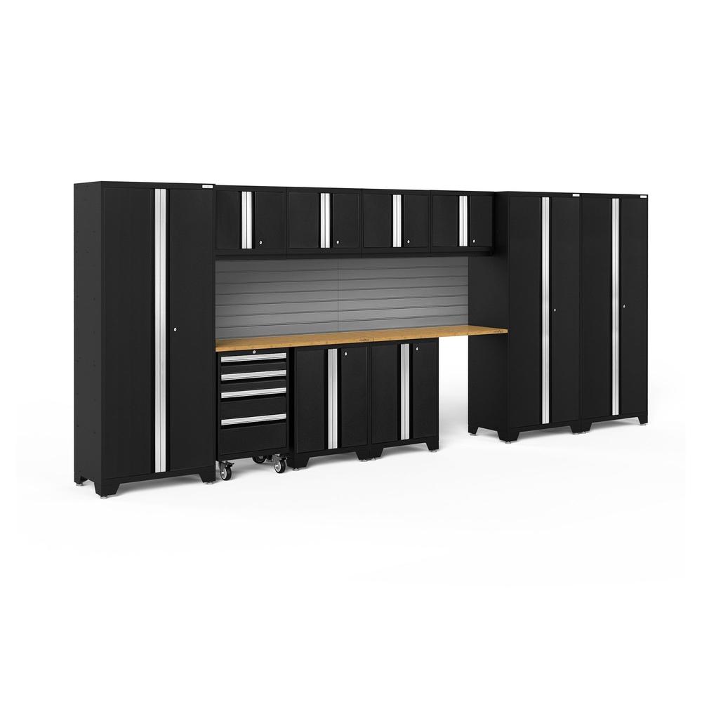 Newage Products Bold 3.0 Series 12-Piece Garage Cabinet Set With 3X Multi-Use Lockers-63262-Black-Bamboo Worktop-Slatwall Backsplash-Garage Giant
