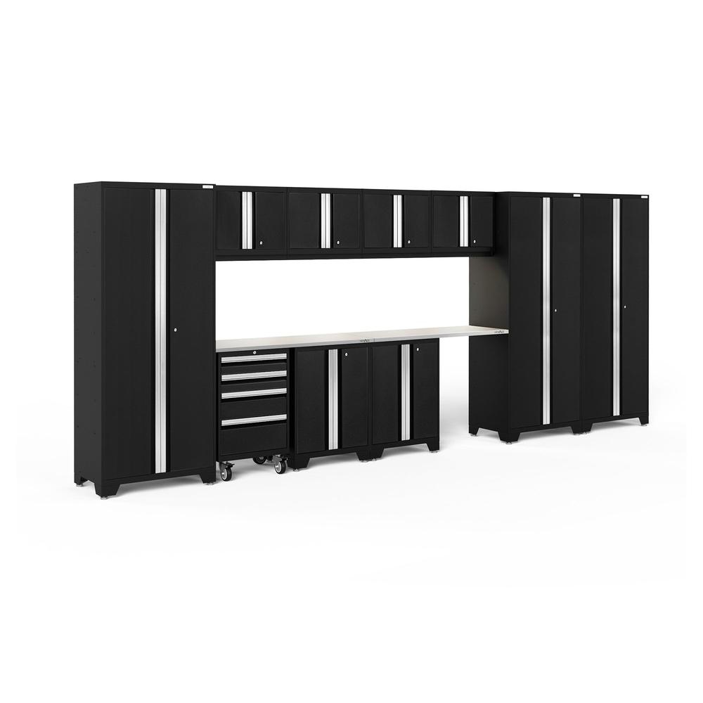 Newage Products Bold 3.0 Series 12-Piece Garage Cabinet Set With 3X Multi-Use Lockers-63259-Black-Stainless Steel Worktop-LED Lights-Garage Giant