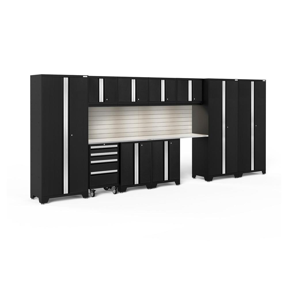 Newage Products Bold 3.0 Series 12-Piece Garage Cabinet Set With 3X Multi-Use Lockers-63263-Black-Stainless Steel Worktop-LED Lights + Slatwall Backsplash-Garage Giant