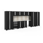 Newage Products Bold 3.0 Series 12-Piece Garage Cabinet Set With 3X Multi-Use Lockers-63263-Black-Stainless Steel Worktop-LED Lights + Slatwall Backsplash-Garage Giant 