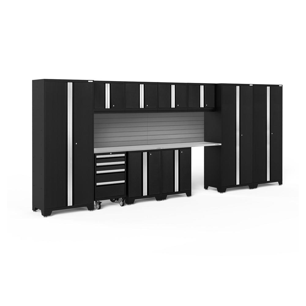 Newage Products Bold 3.0 Series 12-Piece Garage Cabinet Set With 3X Multi-Use Lockers-63261-Black-Stainless Steel Worktop-Slatwall Backsplash-Garage Giant