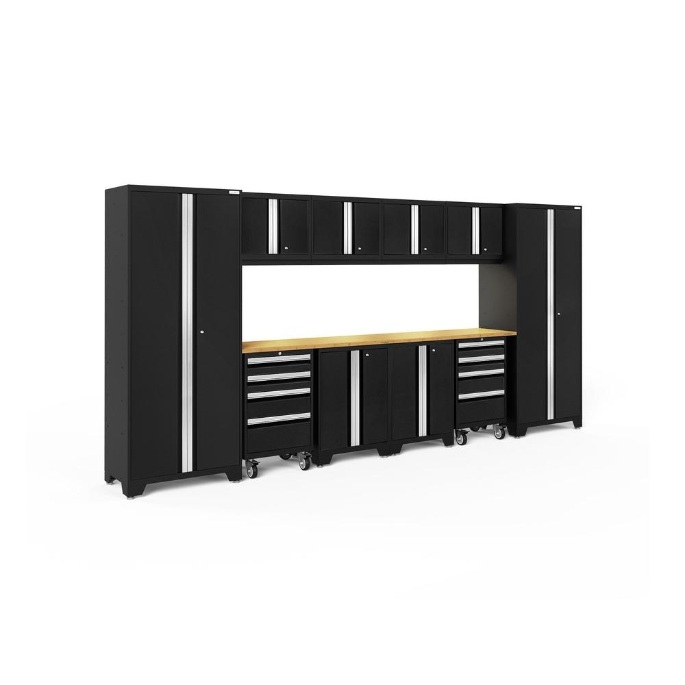 Newage Products Bold 3.0 Series 12-Piece Garage Cabinet Set With 2X Rolling Tool Cabinets-63204-Black-Bamboo Worktop-LED Lights-Garage Giant