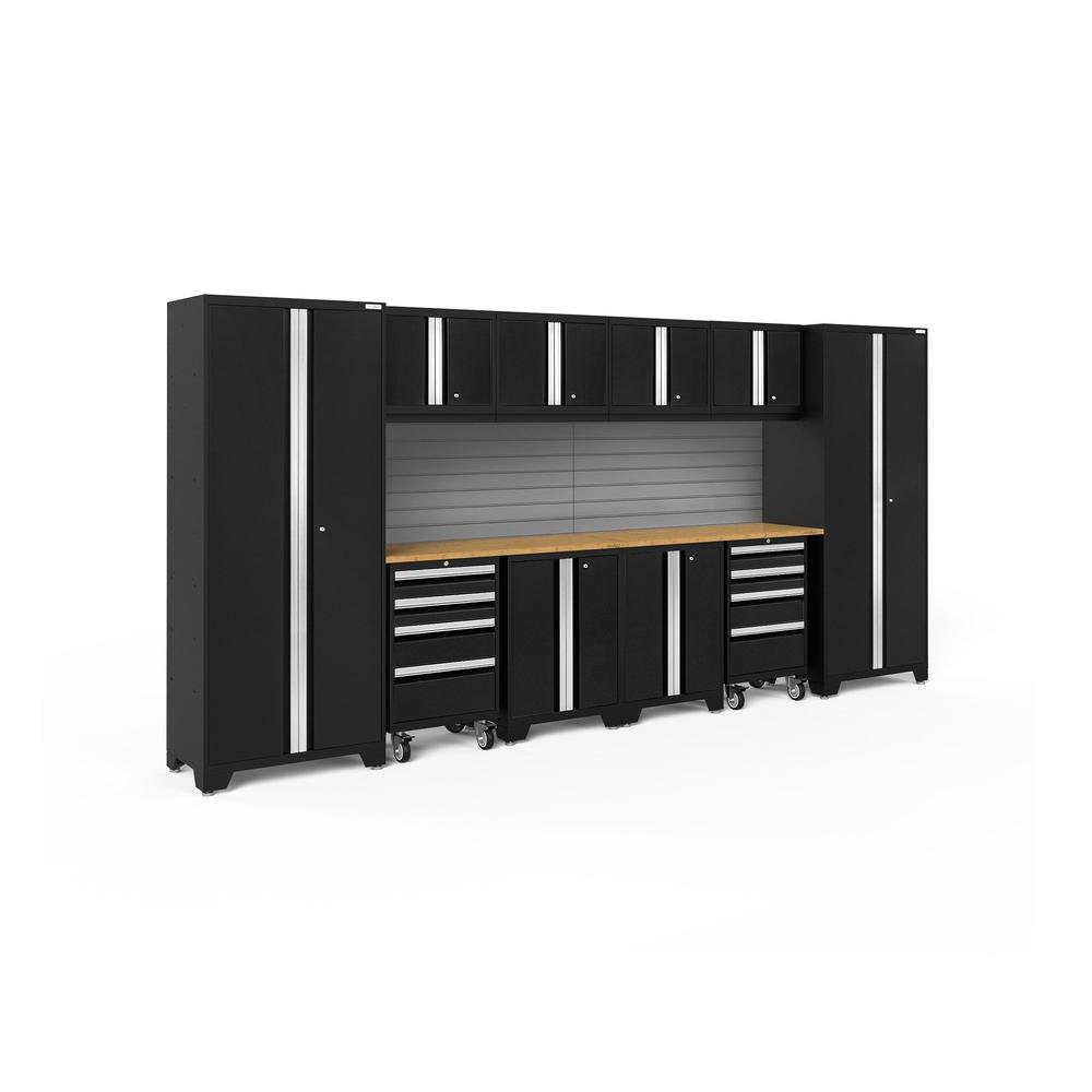 Newage Products Bold 3.0 Series 12-Piece Garage Cabinet Set With 2X Rolling Tool Cabinets-63210-Black-Bamboo Worktop-Slatwall Backsplash-Garage Giant