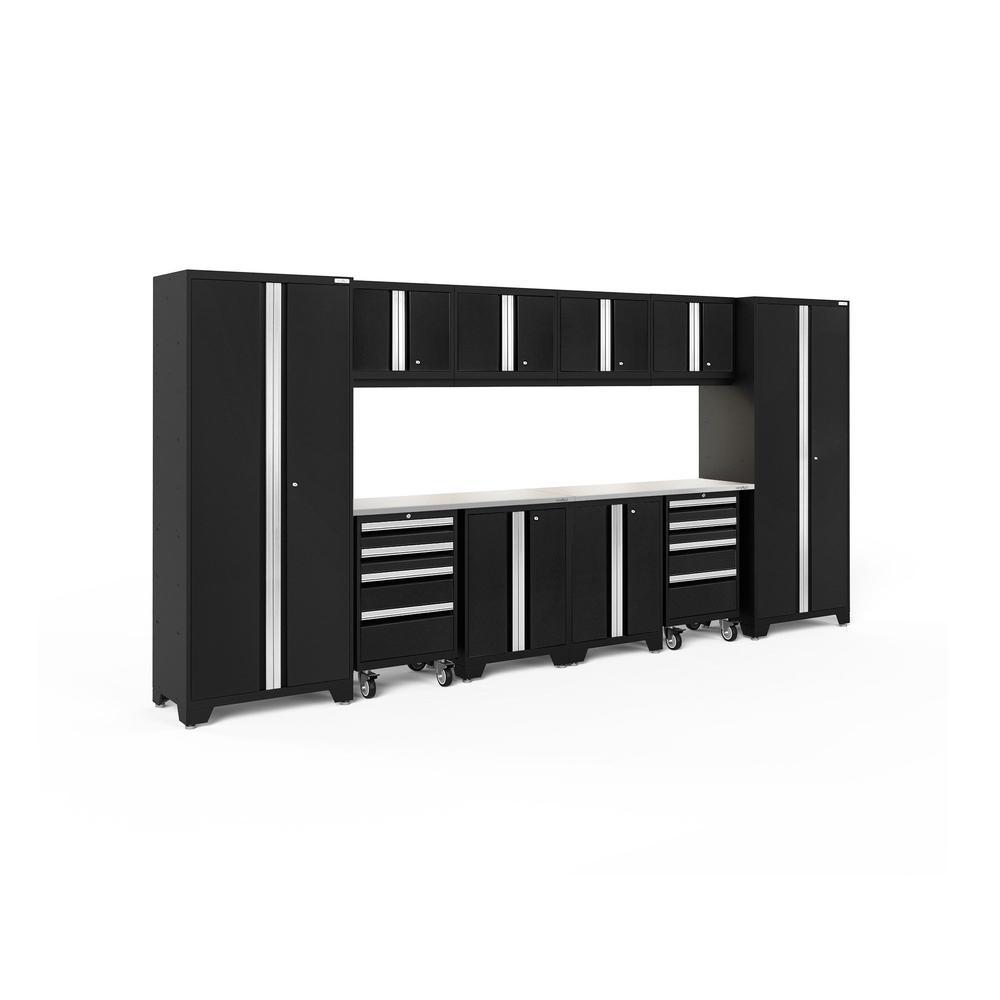 Newage Products Bold 3.0 Series 12-Piece Garage Cabinet Set With 2X Rolling Tool Cabinets-63206-Black-Stainless Steel Worktop-LED Lights-Garage Giant