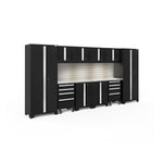 Newage Products Bold 3.0 Series 12-Piece Garage Cabinet Set With 2X Rolling Tool Cabinets-63209-Black-Stainless Steel Worktop-LED Lights + Slatwall Backsplash-Garage Giant 