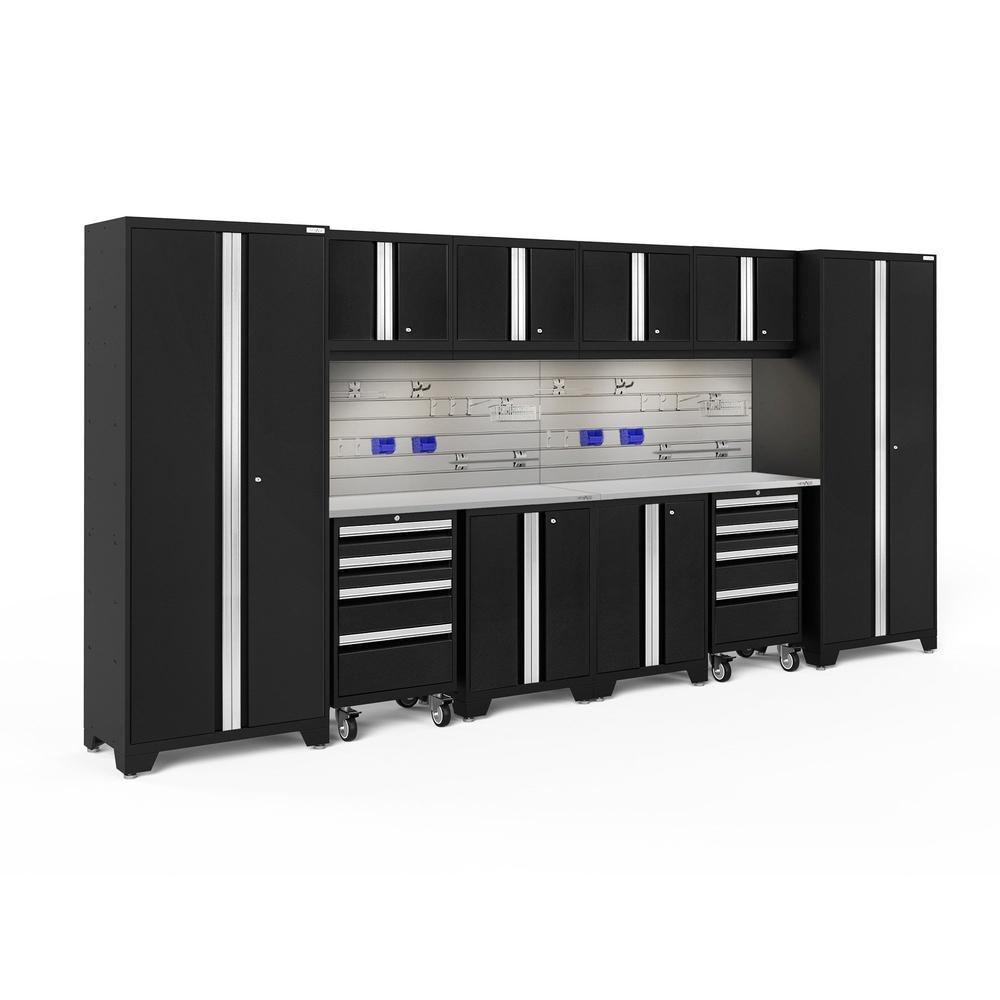 Newage Products Bold 3.0 Series 12-Piece Garage Cabinet Set With 2X Rolling Tool Cabinets-63240-Black-Stainless Steel Worktop-LED Lights + Slatwall Backsplash + Hook Kit-Garage Giant
