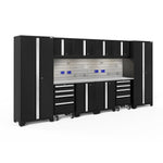 Newage Products Bold 3.0 Series 12-Piece Garage Cabinet Set With 2X Rolling Tool Cabinets-63240-Black-Stainless Steel Worktop-LED Lights + Slatwall Backsplash + Hook Kit-Garage Giant 