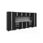 Newage Products Bold 3.0 Series 12-Piece Garage Cabinet Set With 2X Rolling Tool Cabinets-63207-Black-Stainless Steel Worktop-Slatwall Backsplash-Garage Giant 