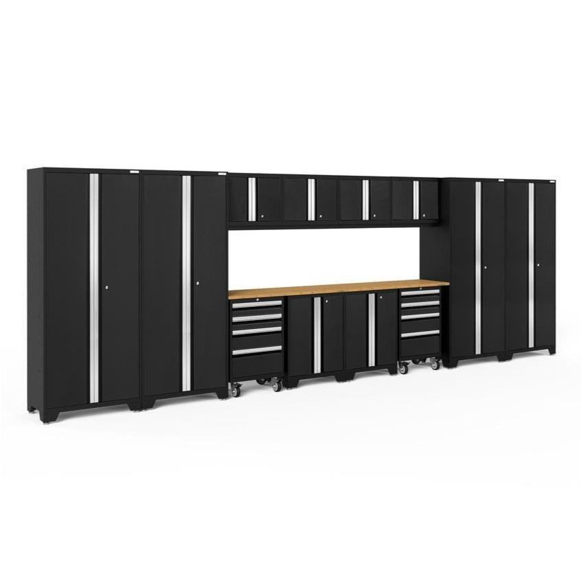 Newage Products Bold 3.0 Series 14-Piece Garage Cabinet Set With 4X Multi-Use Lockers-63265-Black-Bamboo Worktop-None-Garage Giant