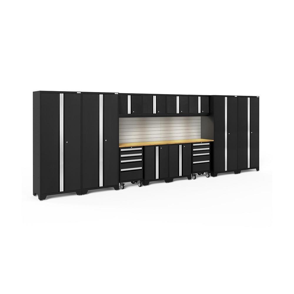 Newage Products Bold 3.0 Series 14-Piece Garage Cabinet Set With 4X Multi-Use Lockers-63271-Black-Bamboo Worktop-LED Lights + Slatwall Backsplash-Garage Giant