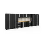 Newage Products Bold 3.0 Series 14-Piece Garage Cabinet Set With 4X Multi-Use Lockers-63271-Black-Bamboo Worktop-LED Lights + Slatwall Backsplash-Garage Giant 