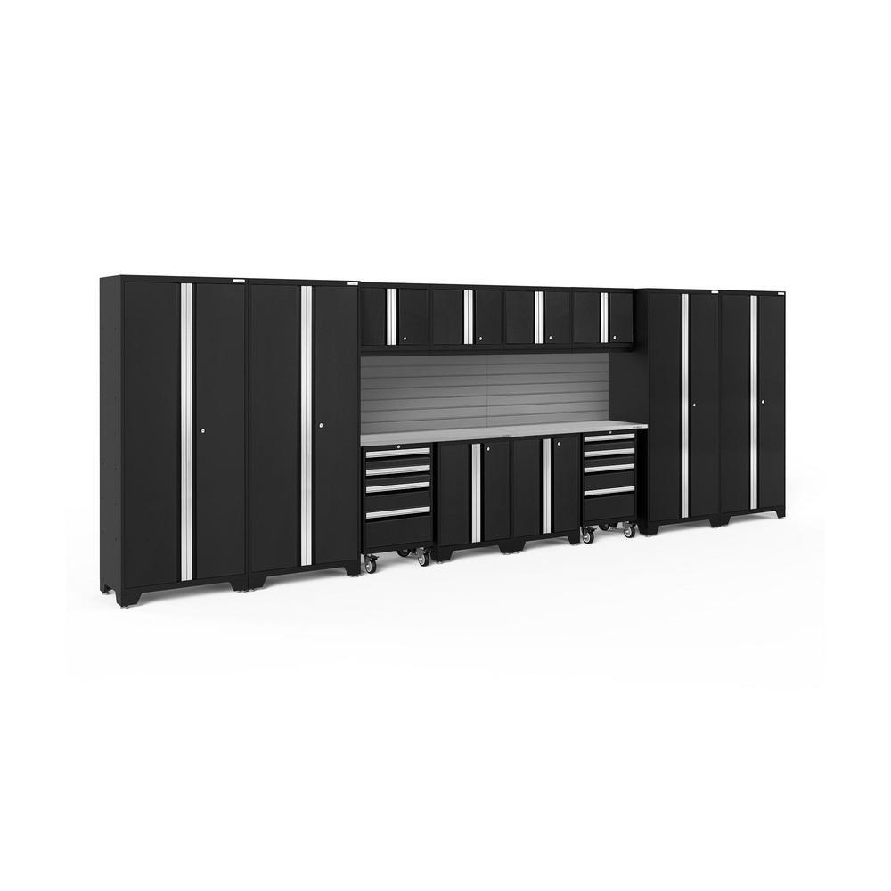 Newage Products Bold 3.0 Series 14-Piece Garage Cabinet Set With 4X Multi-Use Lockers-63270-Black-Stainless Steel Worktop-Slatwall Backsplash-Garage Giant