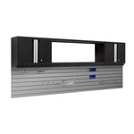 Newage Products Bold 3.0 Series 3-Piece Wall Cabinet Set With Integrated Display Shelf-63275-Black-48"-24" x 96" Steel Slatwall + 12-Piece Hook Kit-Garage Giant 