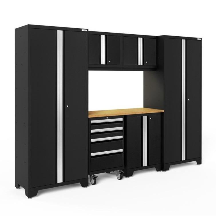 Newage Products Bold 3.0 Series 7-Piece Garage Cabinet Set-63056-Black-Bamboo Worktop-LED Lights-Garage Giant
