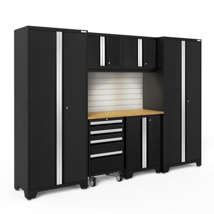Newage Products Bold 3.0 Series 7-Piece Garage Cabinet Set-63060-Black-Bamboo Worktop-LED Lights + Slatwall Backsplash-Garage Giant