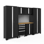 Newage Products Bold 3.0 Series 7-Piece Garage Cabinet Set-63058-Black-Bamboo Worktop-Slatwall Backsplash-Garage Giant 
