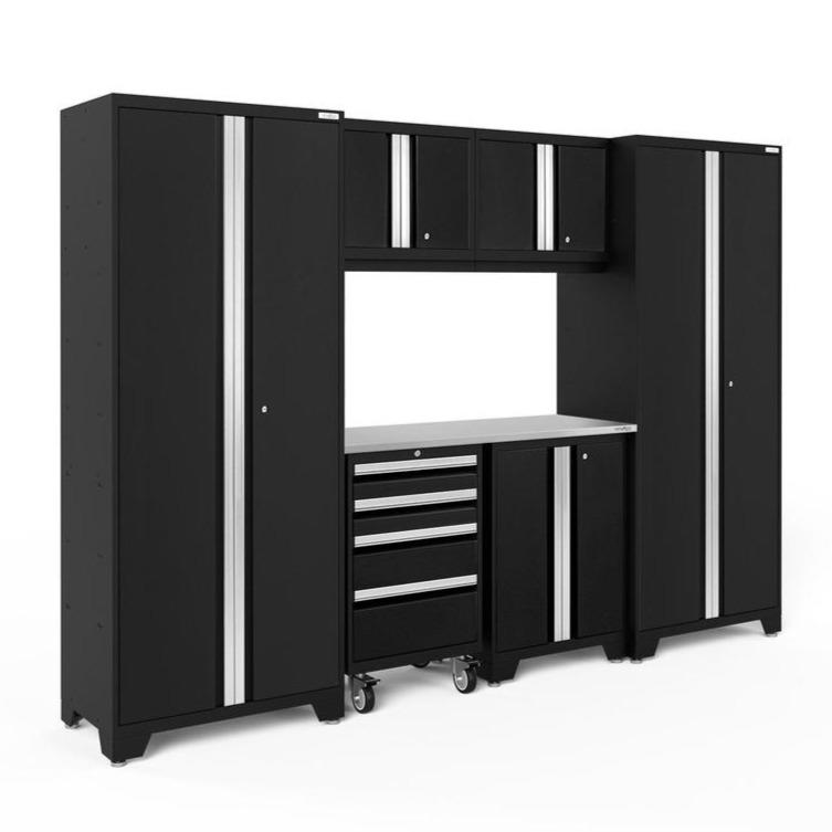 Newage Products Bold 3.0 Series 7-Piece Garage Cabinet Set-63053-Black-Stainless Steel Worktop-None-Garage Giant