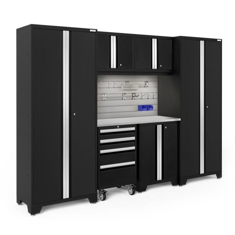 Newage Products Bold 3.0 Series 7-Piece Garage Cabinet Set-63100-Black-Stainless Steel Worktop-LED Lights + Slatwall Backsplash + 12-Piece Hook Kit-Garage Giant