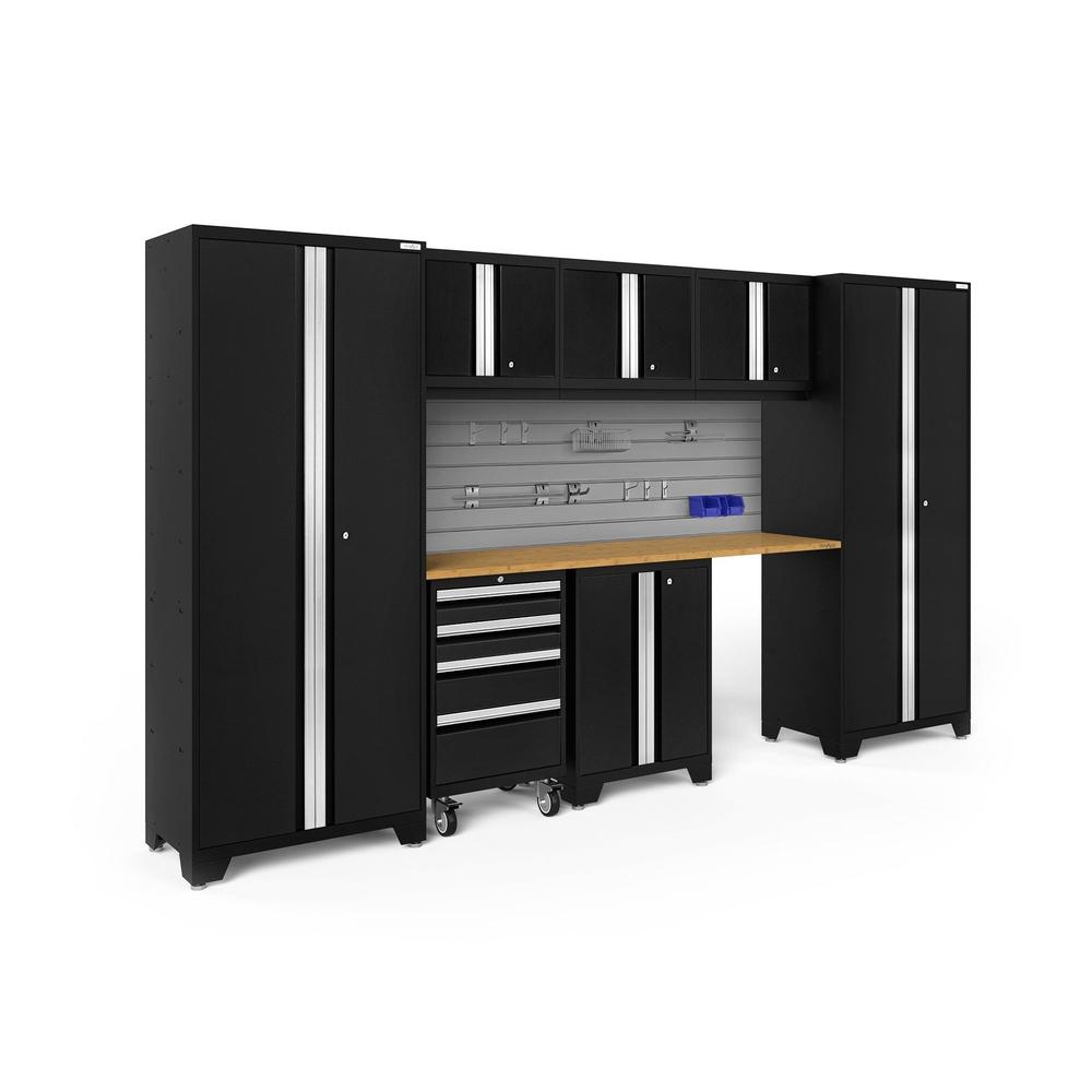Newage Products Bold 3.0 Series 8-Piece Garage Cabinet Set-63126-Black-Bamboo Worktop-Slatwall Backsplash + 12-Piece Hook Kit-Garage Giant