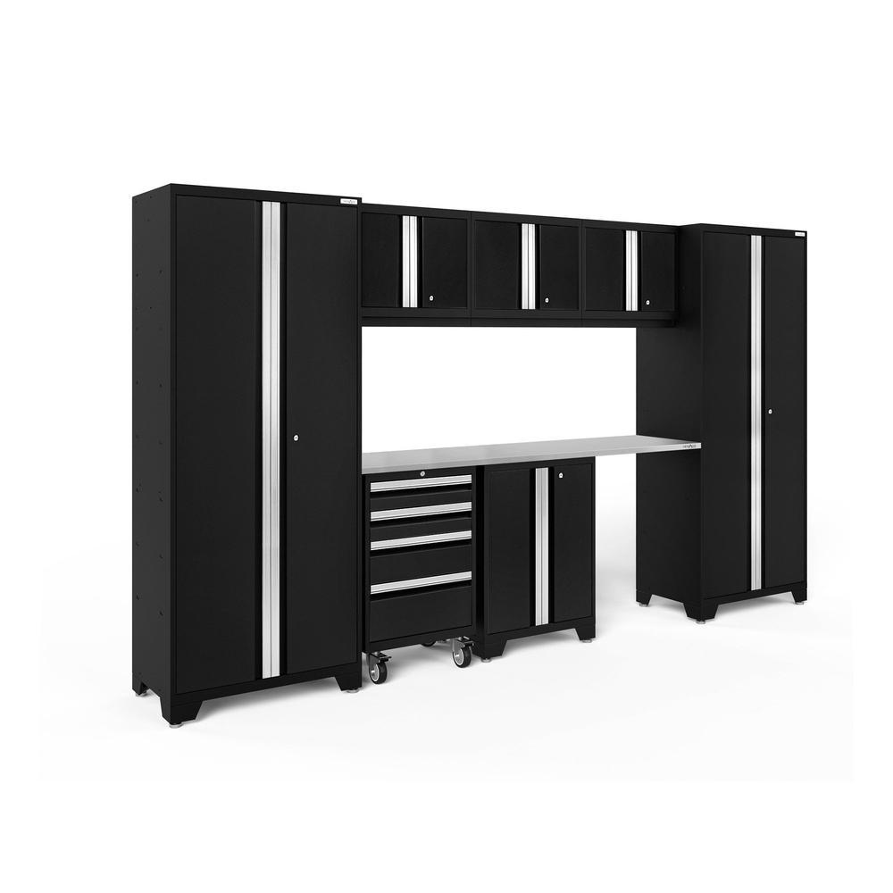 Newage Products Bold 3.0 Series 8-Piece Garage Cabinet Set-63105-Black-Stainless Steel Worktop-None-Garage Giant