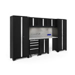 Newage Products Bold 3.0 Series 8-Piece Garage Cabinet Set-63145-Black-Stainless Steel Worktop-LED Lights + Slatwall Backsplash + Hook Kit-Garage Giant 