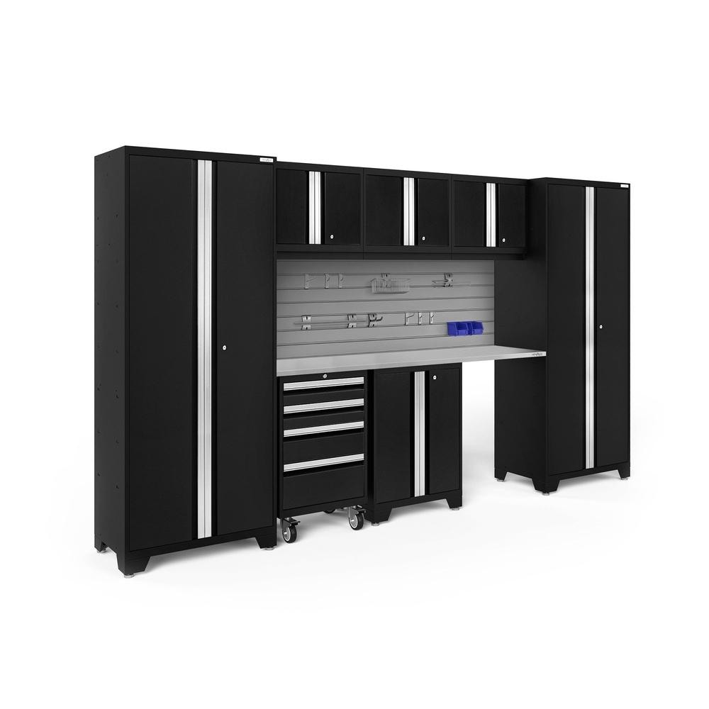 Newage Products Bold 3.0 Series 8-Piece Garage Cabinet Set-63144-Black-Stainless Steel Worktop-Slatwall Backsplash + 12-Piece Hook Kit-Garage Giant