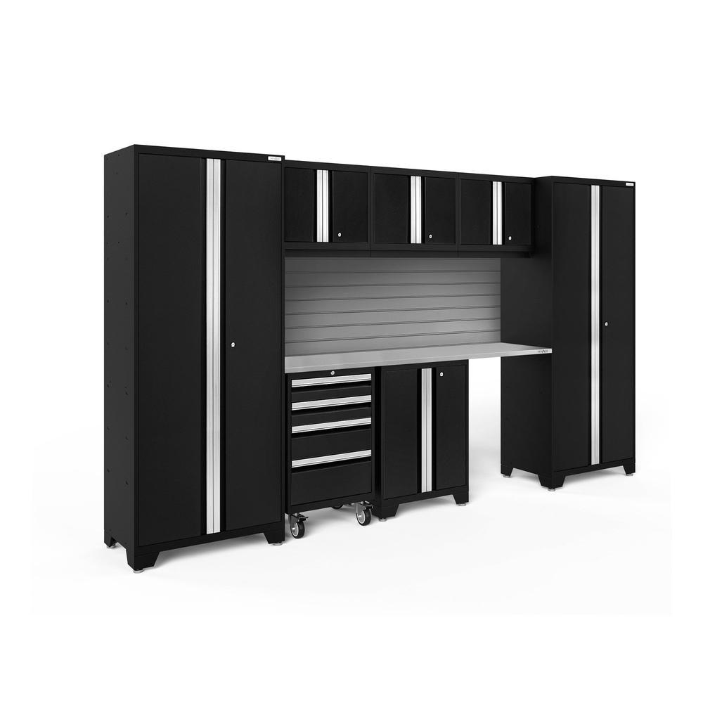 Newage Products Bold 3.0 Series 8-Piece Garage Cabinet Set-63110-Black-Stainless Steel Worktop-Slatwall Backsplash-Garage Giant