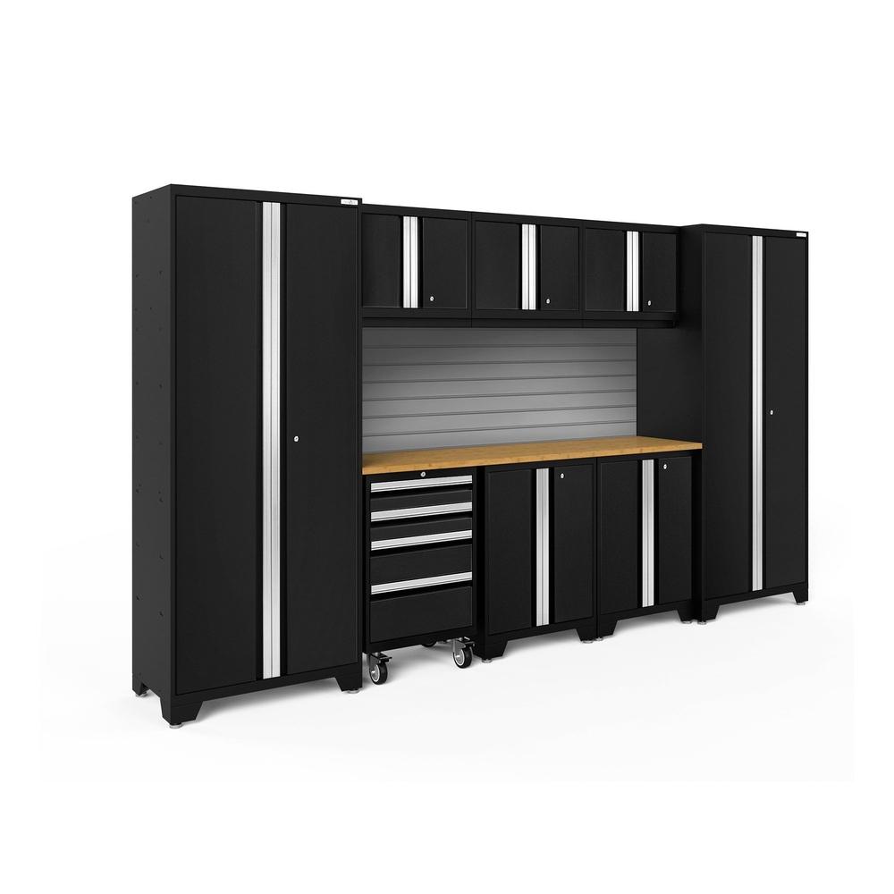 Newage Products Bold 3.0 Series 9-Piece Garage Cabinet Set-63157-Black-Bamboo Worktop-Slatwall Backsplash-Garage Giant