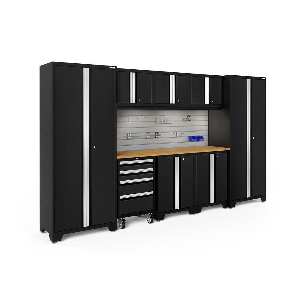 Newage Products Bold 3.0 Series 9-Piece Garage Cabinet Set-63171-Black-Bamboo Worktop-LED Lights + Slatwall Backsplash + Hook Kit-Garage Giant