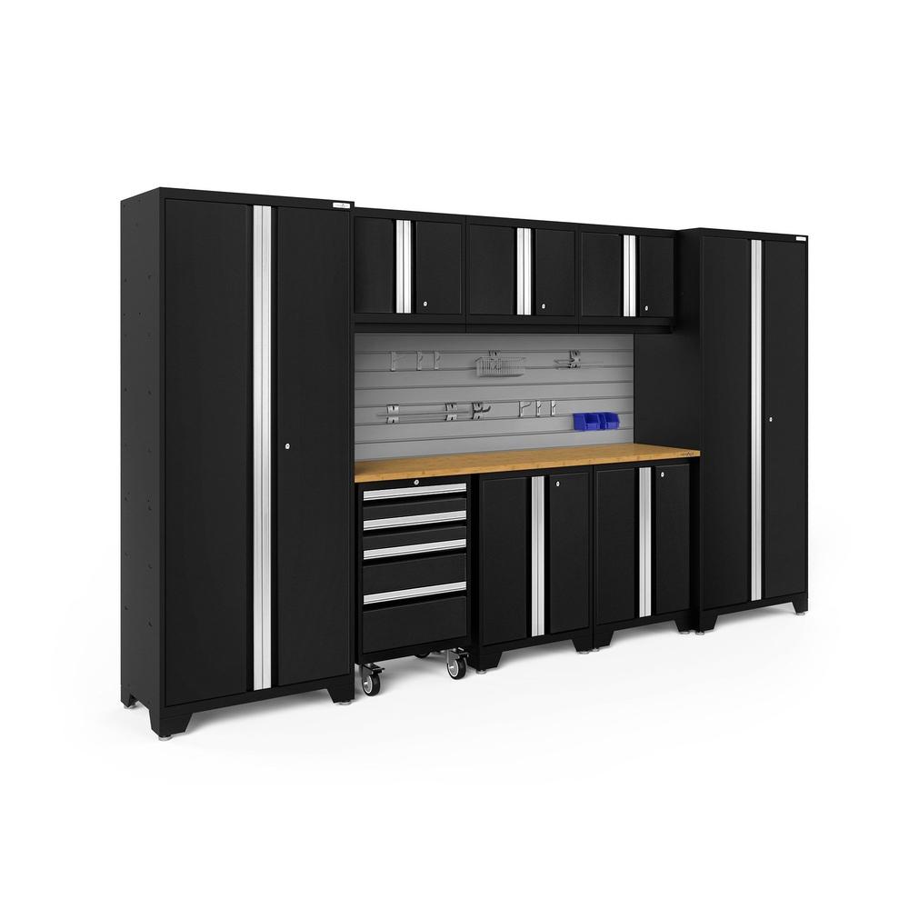Newage Products Bold 3.0 Series 9-Piece Garage Cabinet Set-63170-Black-Bamboo Worktop-Slatwall Backsplash + 12-Piece Hook Kit-Garage Giant